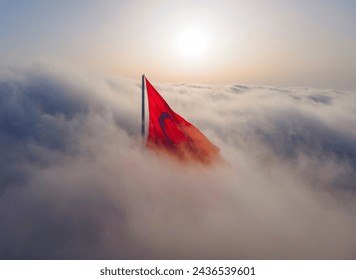 Turkish Flag in the Fog Drone Photo, Çamlıca Hill Üsküdar, Istanbul Turkiye (Turkey )