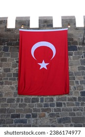 Turkish flag hanging in an old Castle. 