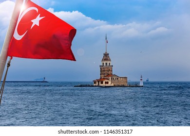 Turkish flag - Maiden's Tower in Istanbul on cloudy day
