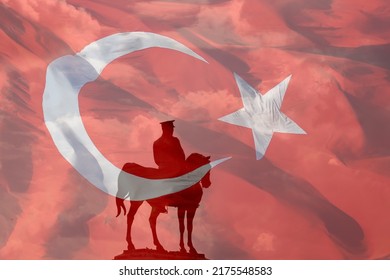 Turkish Flag with Monument of Mustafa Kemal Ataturk. Turkish National or public Holidays concept. 19th may or 19 mayis and 30th august victory day or 30 agustos zafer bayrami background.