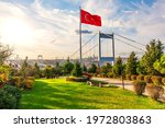 Turkish flag near the Second Bosphorus Bridge or Fatih Sultan Mehmet Bridge, Istanbul