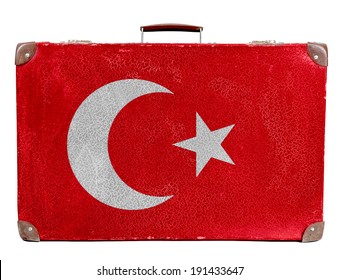 The Turkish Flag Painted On Old Grungy Travel Suitcase Or Trunk 