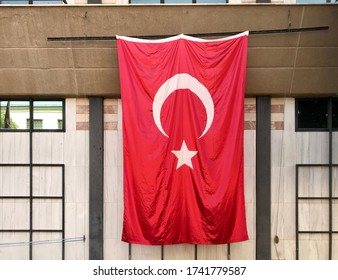 Turkish Flag Red White Big Size Hanged On The Wall Of The Building Is A Great View.