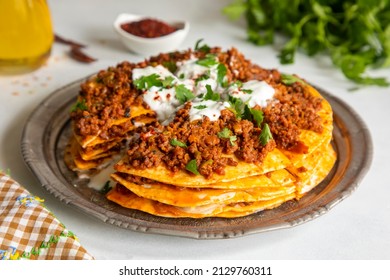 Turkish Food Kayseri Yaglama With Minced Meat, Yogurt And Tomato Paste