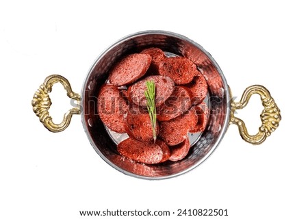 Turkish fried sausage sucuk in a pan. Isolated on white background, top view