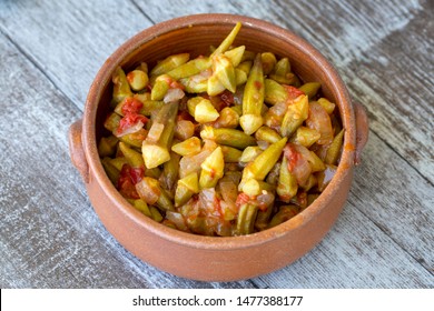 Turkish Homemade Food Okra with Minced Meat and Tomatoes in Plate. / Bamya. Traditional Organic Food.