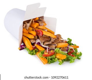 Turkish Kebab box with french fries isolated on white background.