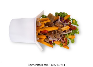 Turkish Kebab box with french fries isolated on white background.