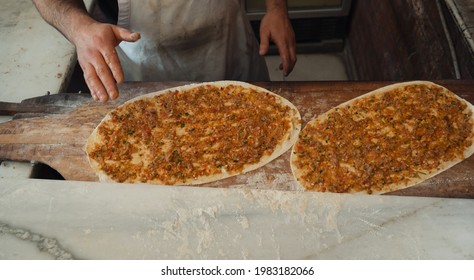 Turkish Lahmacun On The Oven Shovel, Ready To Cook. 