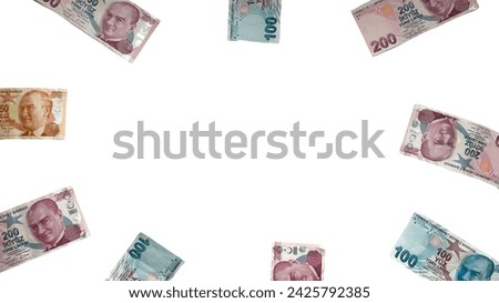 Turkish lira denominations 50,100, 200 tl. Banknotes. isolated on white background. Empty space for advertising and text
