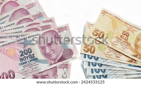 Turkish lira fans on a white background. Turkish money.50, 100 and 200 tl notes. Banner for website, desktop wallpaper, copy space for text and advertising, blank, empty, white, clear space

