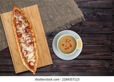 Turkish Local Cuisine Food Pita And Lentil Soup With Sausage Menu On Wooden Table Lemon