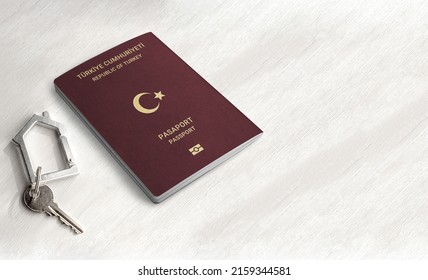 Turkish passport citizenship by real estate investment ,Passport and home key on a wood table ,Space for writing - Shutterstock ID 2159344581