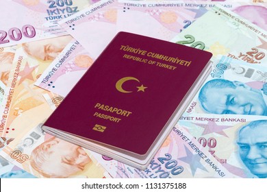 Turkish Passport With Turkish Liras Background , TURKEY