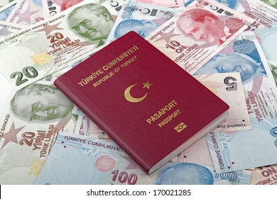 Turkish Passport With Turkish Liras Background , TURKEY