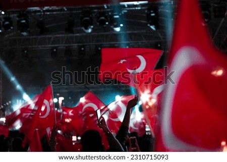Turkish people celebrated of national days at night. Motion blur on the flags. People waving Turkish flags in a celebration. Noise included.
