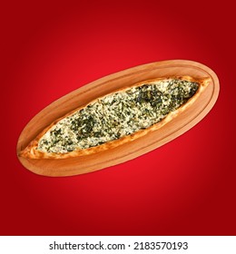 Turkish Pita With Sausage Spinach Cheese Top View Local Food Delicious On Hot Wooden Background