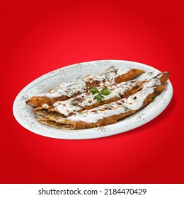 Turkish Pita Spice Ground Beef With Covered Yogurt White Plate Red Background Local Flavor