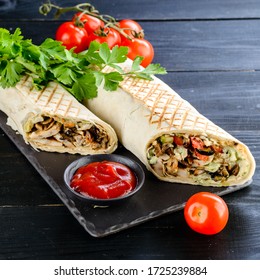 Turkish Shawarma With Chicken And Lamb In Pita Bread, Classic Tortilla Wrap With Grilled Chicken