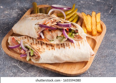 Turkish Shawarma With Chicken And Vegetables With Onions