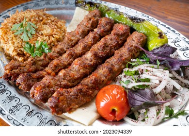 Turkish Style Kebab. Traditional Turkish Food Adana Kebab. Urfa, Mardin Kebap. Middle Eastern Food