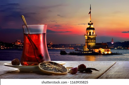 Turkish Tea In The Background Of The Maiden Tower In Istanbul