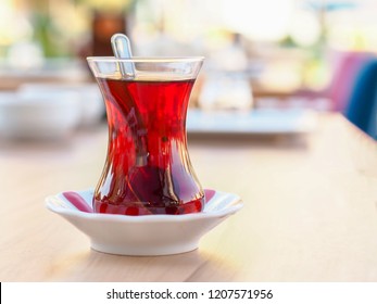 Turkish Tea Cup And Classic Tea Cup Mat On Wooden Table