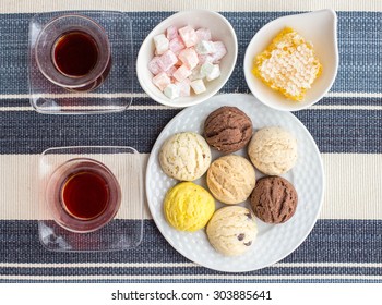 Turkish Tea And Sweets, Shortbread, Turkish Delight, Honey And Roasted Chickpeas. Soft Focus
