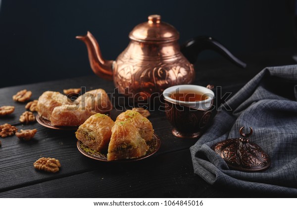 Turkish Traditional Dessert Baklava Tea On Stock Photo 1064845016 ...