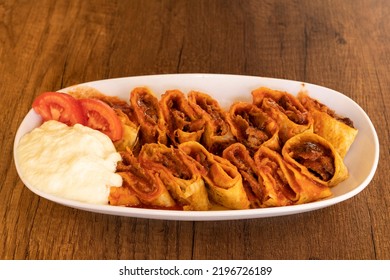 Turkish Wrap Meat Kebab Served On A White Porcelain Plate Beautiful Composition On Wooden Table With Presentation Conceptual Food Shot Turkish Culture Turkish Kebab Buying