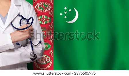 Turkmen medicine and healthcare concept. Doctor close up against flag of Turkmenistan background