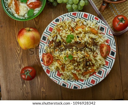 Turkmen Pilaf cuisine , Traditional assorted dishes, Top view.