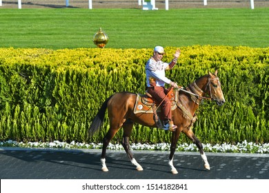 TURKMENISTAN, ASHGABAT - APRIL 24,2019: Day Of Turkmen Racehorse. President Gurbanguly Berdimuhamedow On Akhal Teke Horse.