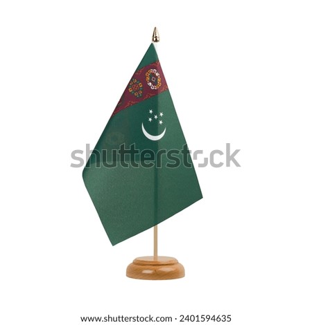 Turkmenistan Flag, small wooden turkmen table flag, isolated on white background