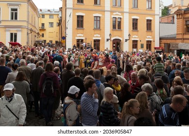 TURKU, ABO FINLAND ON JUNE 29. View of spectators and performers in the street at the Medieval Market Festival on June 29, 2013 in Turku, Abo Finland. Unidentified people.