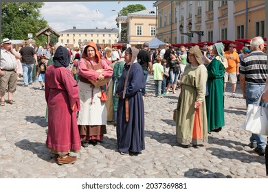 TURKU, ABO FINLAND ON JUNE 30. View of an outdoor performance at the Medieval Market Festival on June 30, 2013 in Turku, Abo Finland. Unidentified actors and audience. 