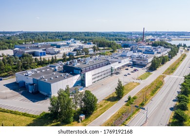 TURKU, FINLAND - 27/06/2020: Aerial view of Bayer medicine factory and research center in Turku, Finland in Summer