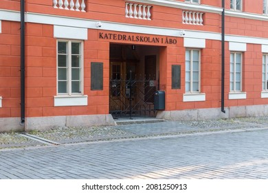 Turku, Finland - August 4, 2021: Entrance to Katedralskolan (Cathedral School of Abo) at the Old Great Square.