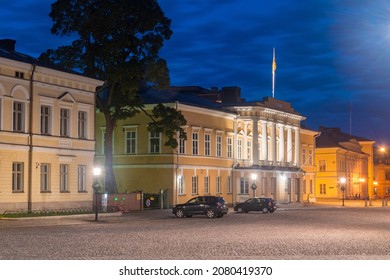 Turku, Finland - August 5, 2021: The main building at Abo Akademi University at night.