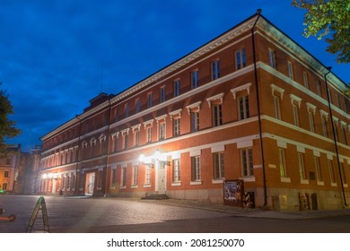 Turku, Finland - August 5, 2021: Katedralskolan (Cathedral School of Abo) at the Old Great Square at night.