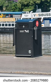 Turku, Finland - August 6, 2021: Street Rubbish Bin Or Trash Can In Turku.