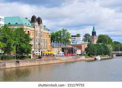 Turku, Finland. Embankment Of The River Aura On A Summer Day