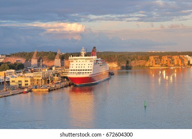 Turku, Finland. The Port Of Turku In A Sunny Summer Evening