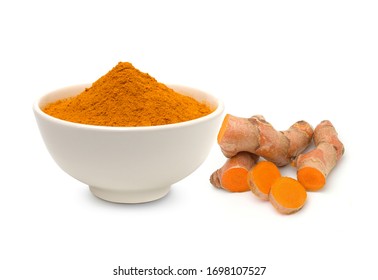 Turmeric (curcumin) Powder In A White Bowl And Rhizomes Isolated On White Background,Used For Cooking And As Herbal Medicine,copy Space.