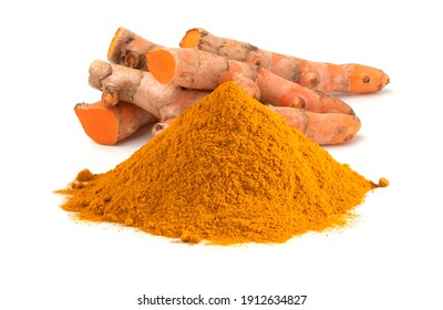 Turmeric (curcumin) Rhizomes And Powder Isolate On A White Background.	