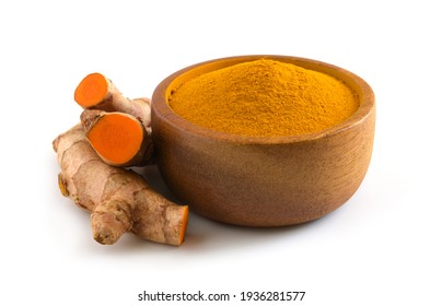 Turmeric (curcumin) Rhizomes And Powder Isolated On A White Background.