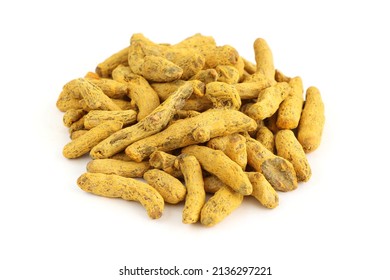 Turmeric curcurmin. Dried root of turmeric isolated on a white background. Vegan and healthy food. Organic food.Curcuma.