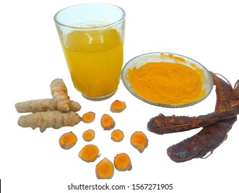 Turmeric Drink, Powder, Root, And Tamarind Fruit For Herb Ingredient, Isolated On White Background