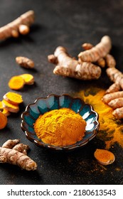 Turmeric. Fresh Turmeric Root And Turmeric, Curcumin Powder