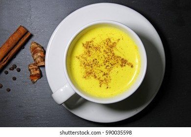 Turmeric Latte, Or Golden Milk Or Haldi Doodh And Indian Health Drink.